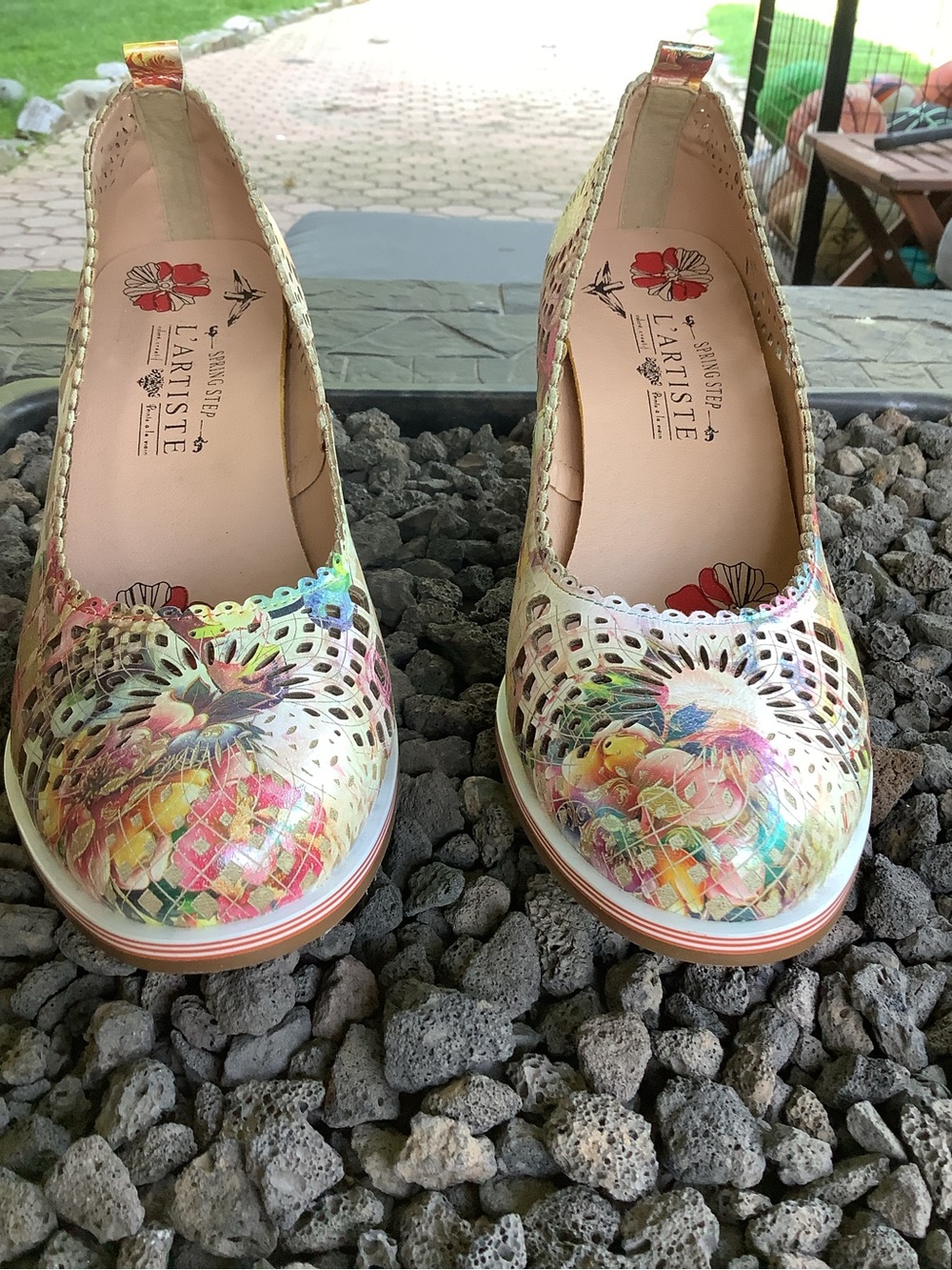 L'Artiste Cream Floral Laser-Cut Low Heels